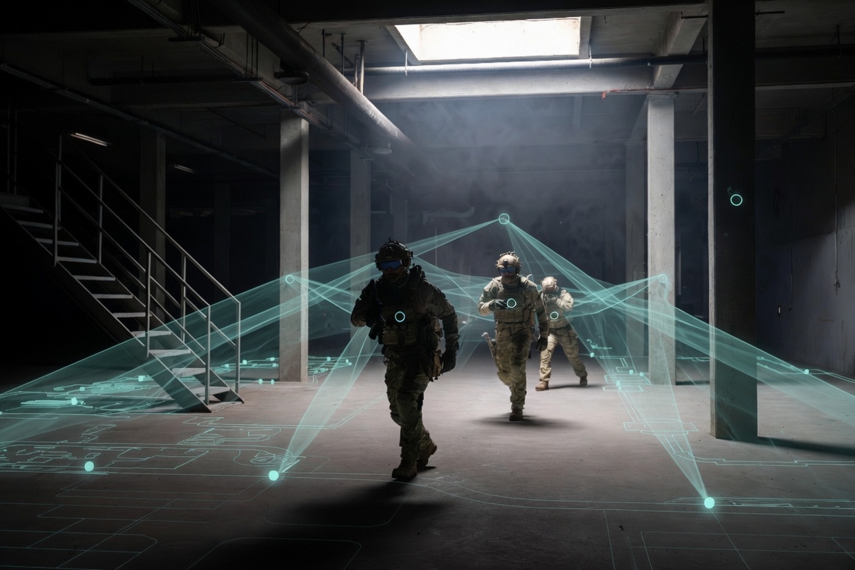 Personnel moving through an enclosed facility inside a FieldPulse positioning mesh