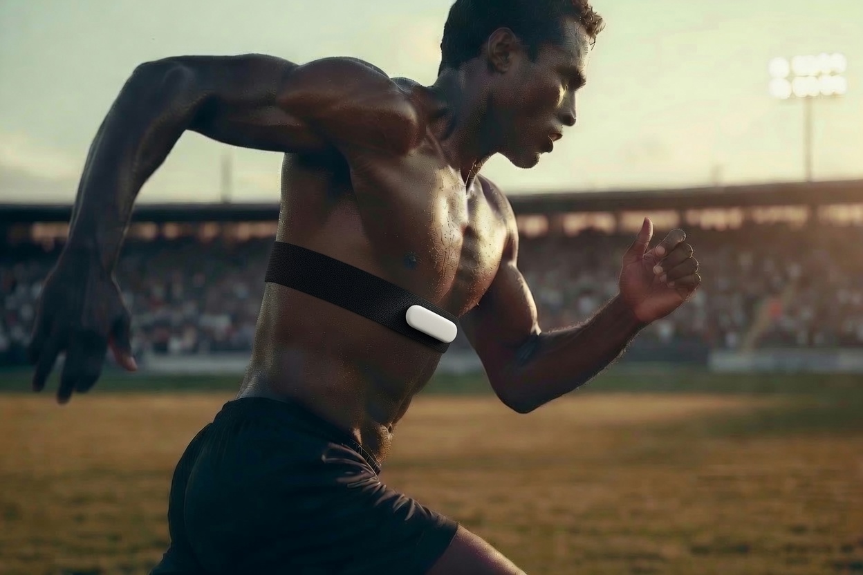 Shirtless athlete sprinting with PitchPulse chest strap